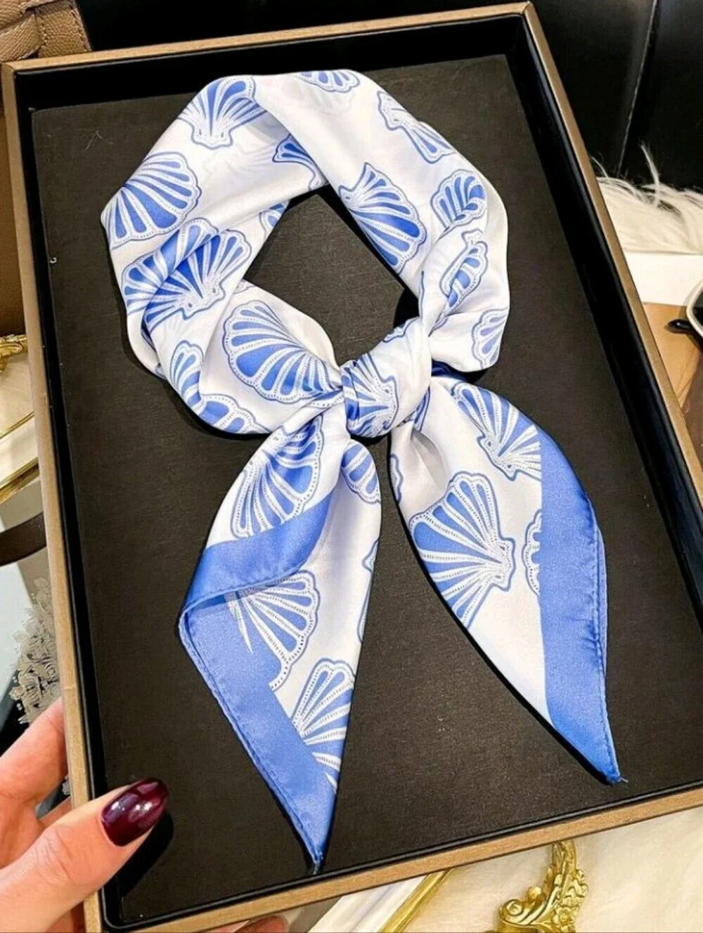 Blue and White Scallop Seashell Print Satin Scarf Summer Beach Vacation Shells